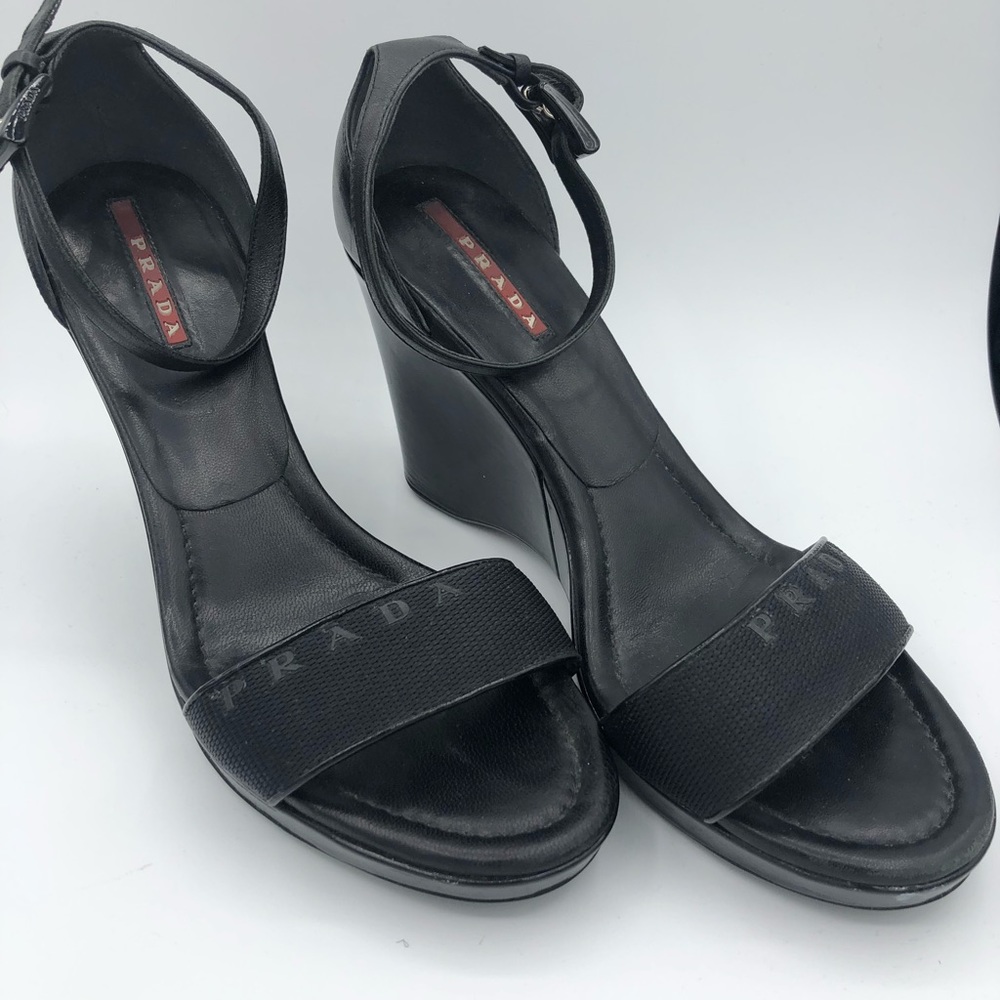 Prada wedge sandals- Blk patent  size 38